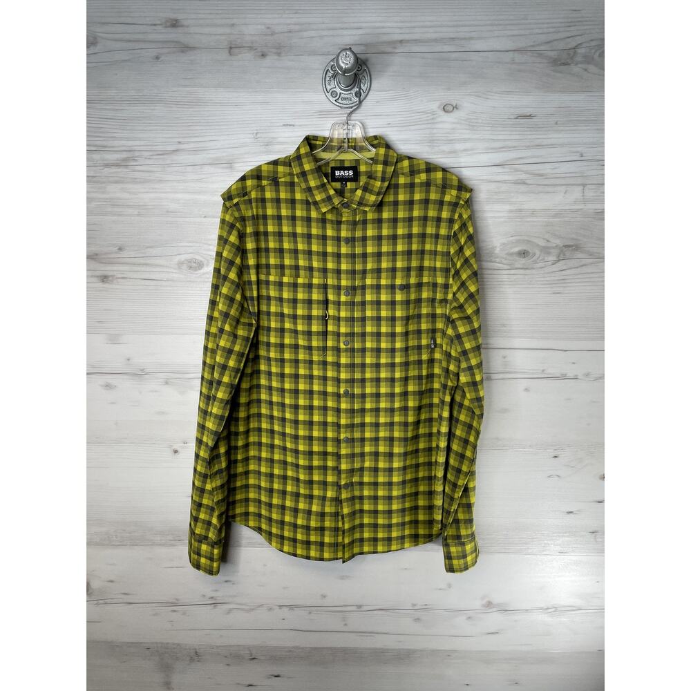 Bass Outdoor Shirt Mens‎ Medium Yellow Black Plaid Long Sleeve Button Up Stretch
